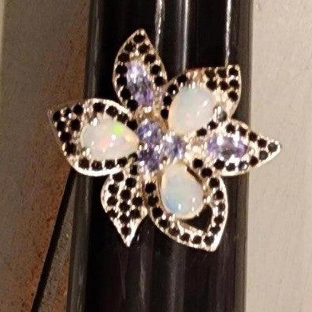 Fire Opal & Black Spinel Tanzanite 925 Sterling Silver Ring Size 9.25